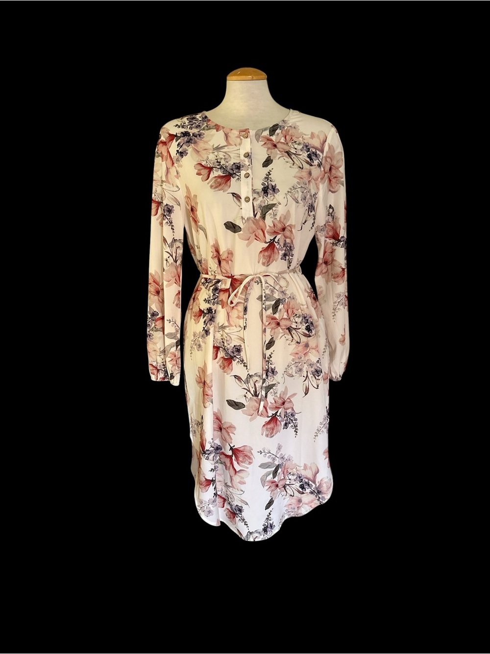 Floral Long-Sleeve Tie-Waist Midi Shirt Dress